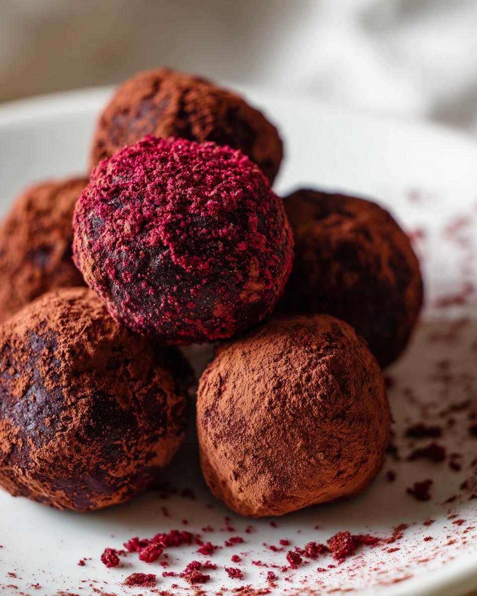 Close-up of five Decadent Dark Chocolate Raspberry Truffles, dusted with cocoa and one coated in bright pink raspberry powder.