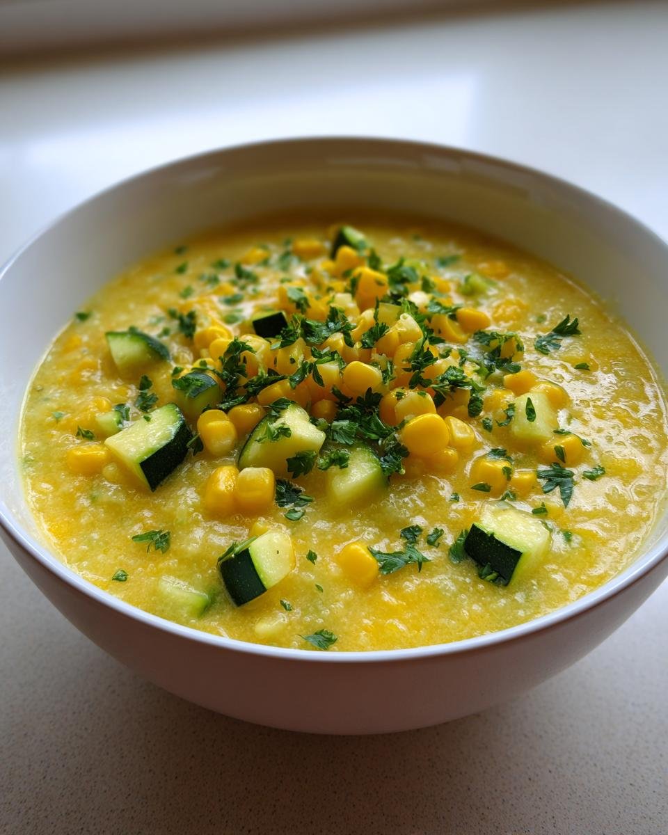 A close-up of a creamy yellow bowl of Delightful Summer Fresh Corn and Zucchini Chowder, topped with corn kernels, zucchini chunks, and parsley.