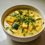 A close-up of a creamy bowl of Delightful Summer Fresh Corn and Zucchini Chowder, topped with fresh parsley.
