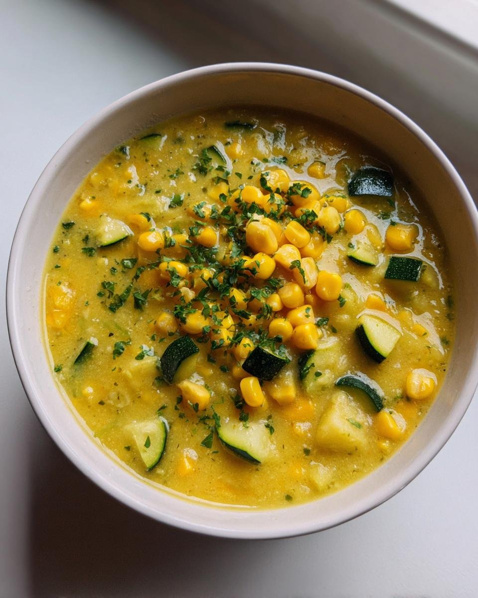 A close-up view of a bowl of Delightful Summer Fresh Corn And Zucchini Chowder, topped with whole corn kernels and fresh parsley.