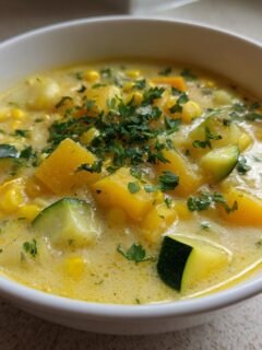 A close-up of a white bowl filled with Delightful Summer Fresh Corn And Zucchini Chowder, topped with fresh parsley.