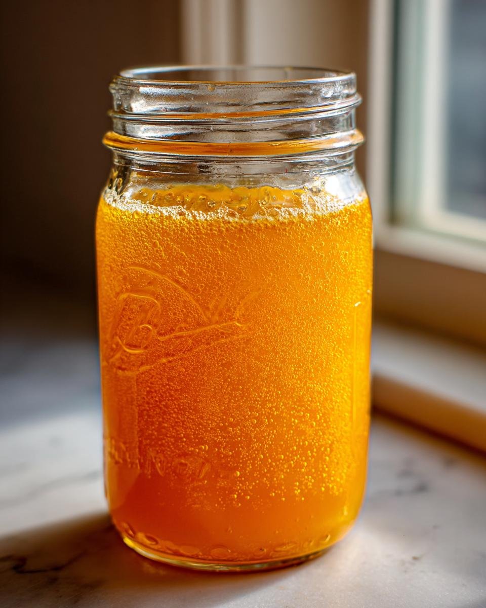 Close-up of a bright orange DIY Natural Electrolyte Drink fizzing slightly in a clear glass mason jar.