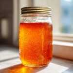 A golden, bubbly DIY natural electrolyte drink sealed in a glass Ball mason jar, backlit by sunlight.