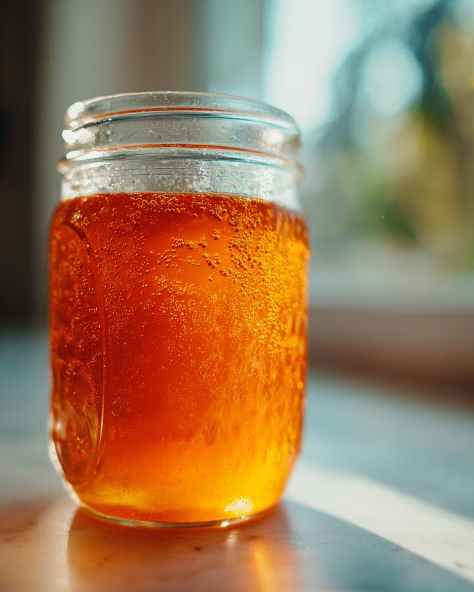 Close-up of a bubbling, orange-colored DIY natural electrolyte drink served in a clear glass mason jar.