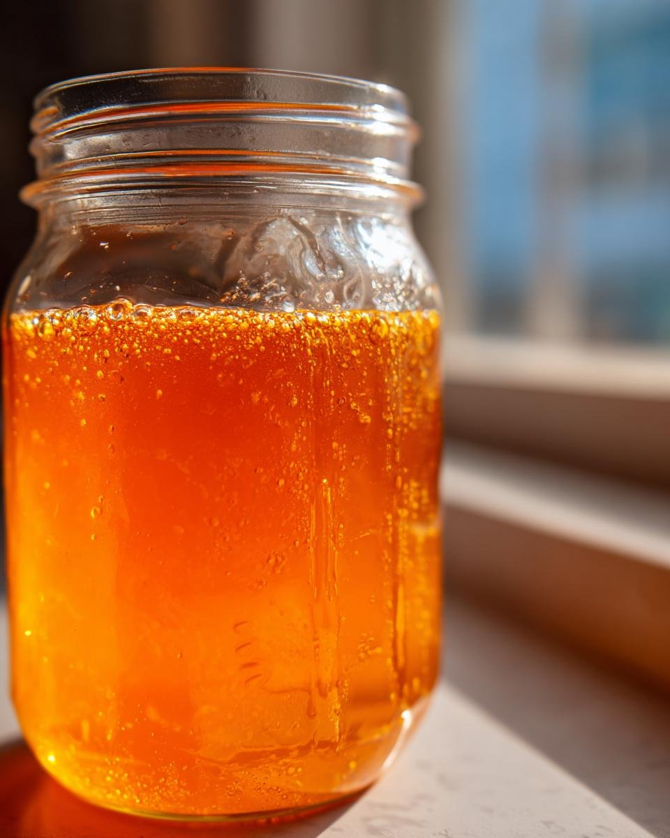 Close-up of a bright orange DIY Natural Electrolyte Drink bubbling slightly in a clear glass mason jar.