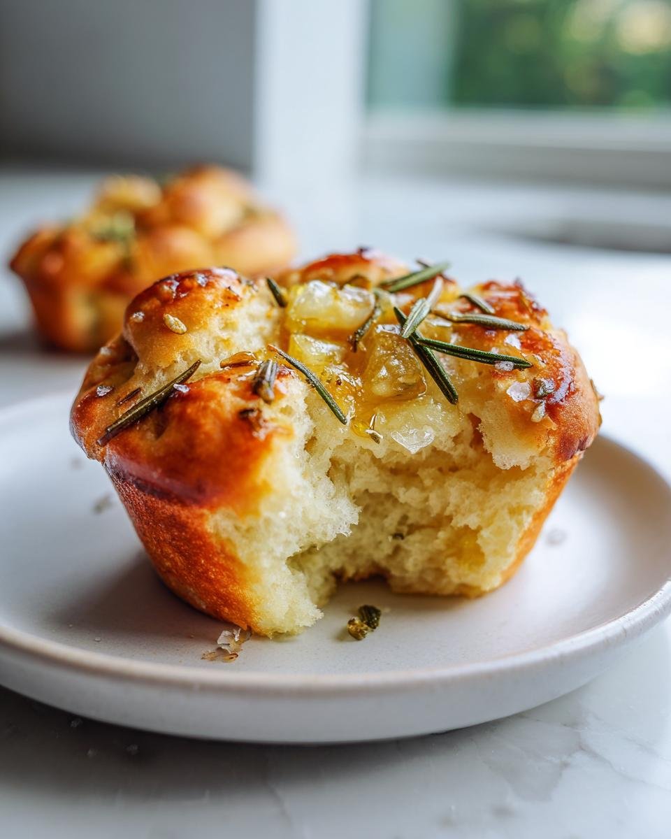 Close-up of an Easy Garlic Rosemary Focaccia Muffin with a bite taken out, showing the fluffy interior and rosemary topping.