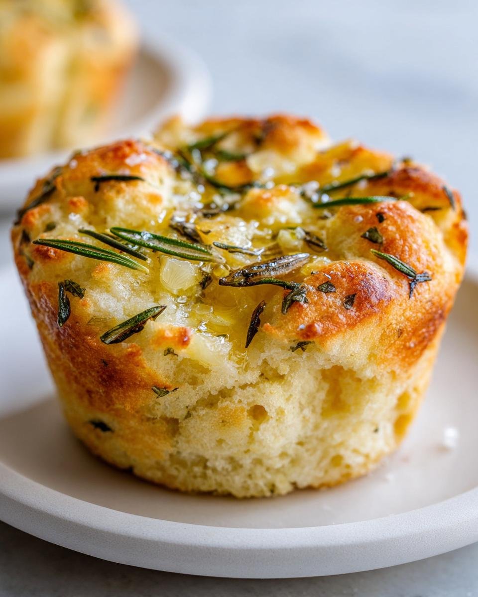 A close-up of one golden-brown Easy Garlic Rosemary Focaccia Muffin topped with olive oil, fresh rosemary, and sea salt.