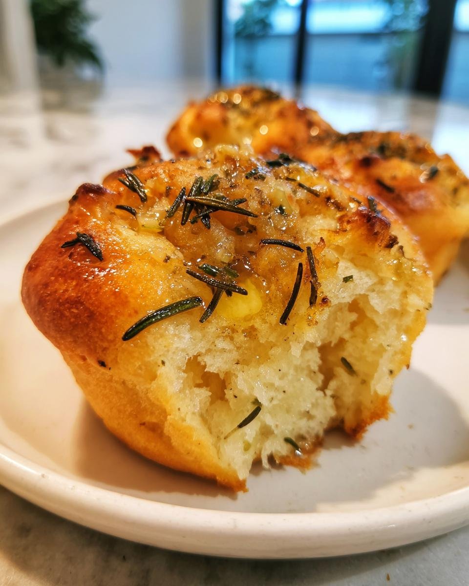 Close-up of an Easy Garlic Rosemary Focaccia Muffin with a bite taken out, showing its fluffy interior and oily rosemary topping.