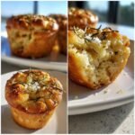 A close-up composite image showing a golden Easy Garlic Rosemary Focaccia Muffin topped with sea salt and rosemary, and a cross-section revealing the fluffy interior.