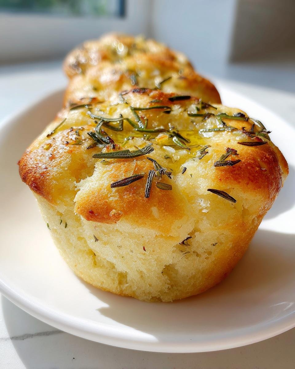 Close-up of a golden Easy Garlic Rosemary Focaccia Muffin topped with olive oil and fresh rosemary.