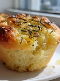 A close-up of a golden Easy Garlic Rosemary Focaccia Muffin topped with herbs and glistening olive oil on a white plate.