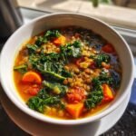 A close-up of a bowl of Easy Longevity Soup, rich with lentils, bright orange carrots, and dark green kale.