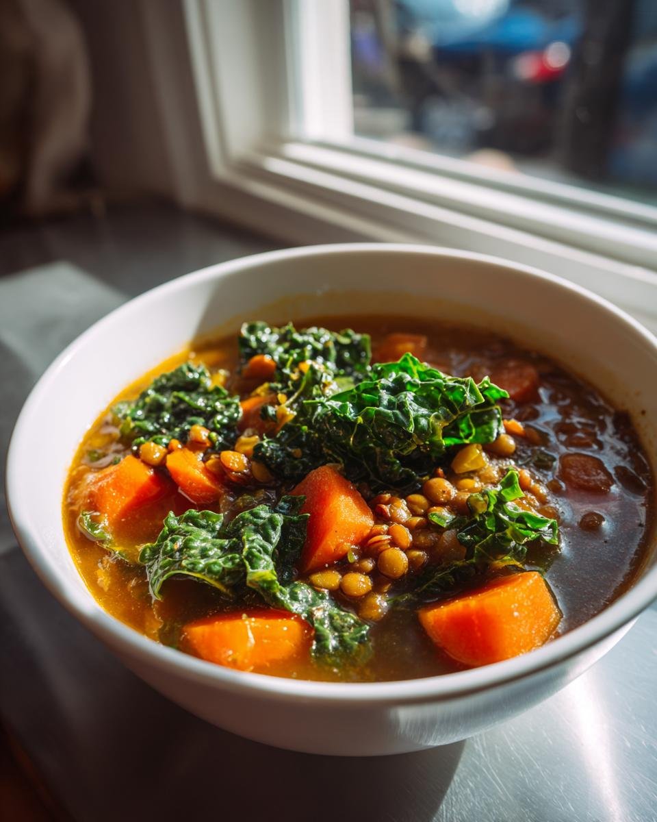 A bowl of Easy Longevity Soup featuring lentils, bright orange carrots, and dark green kale.