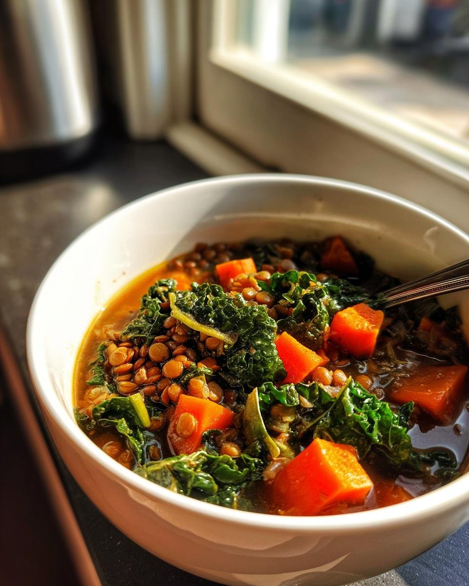 Close-up of a white bowl filled with Easy Longevity Soup featuring lentils, bright orange sweet potatoes, and dark green kale.