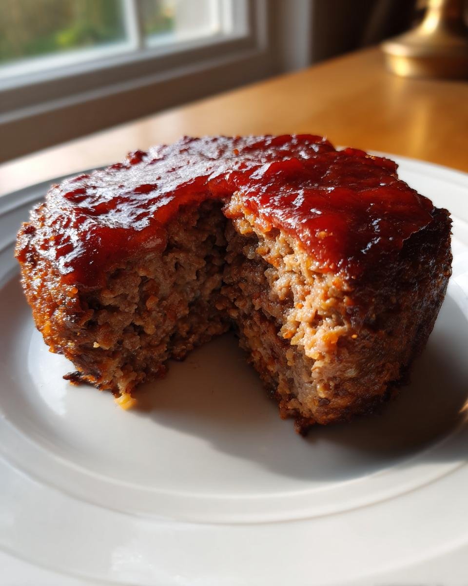 Cross-section of an Easy Mini Meatloaf Whole30 bite showing moist texture and topped with a shiny red glaze.