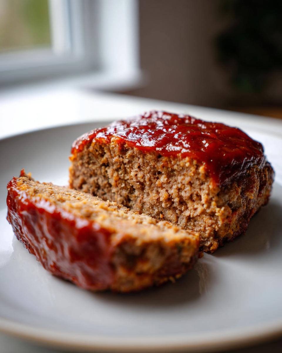 A close-up of one Easy Mini Meatloaf Whole30, sliced open to show the texture and topped with a shiny red glaze.