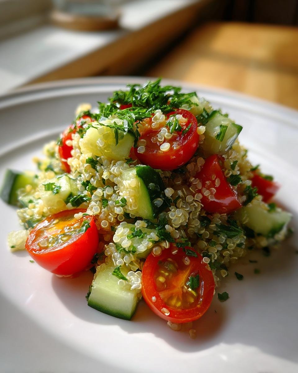 Close-up of a portion of Easy Quinoa Cucumber Tomato Salad featuring quinoa, halved cherry tomatoes, and chopped cucumber.
