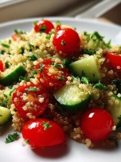 Close-up of Easy Quinoa Cucumber Tomato Salad with cherry tomatoes and chopped cucumber on a white plate.