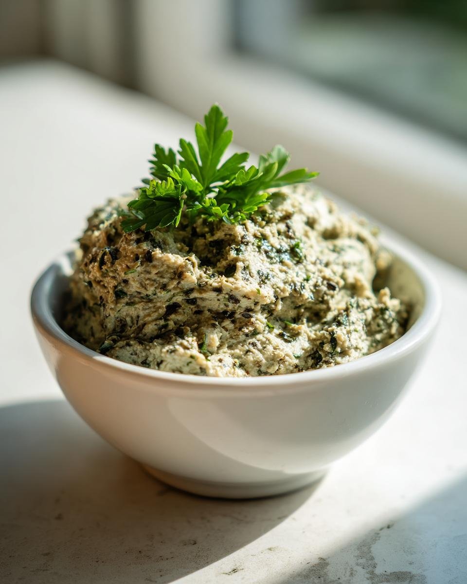 A close-up of Easy Tasty Portuguese Canned Sardine Pate topped with fresh parsley in a white bowl.