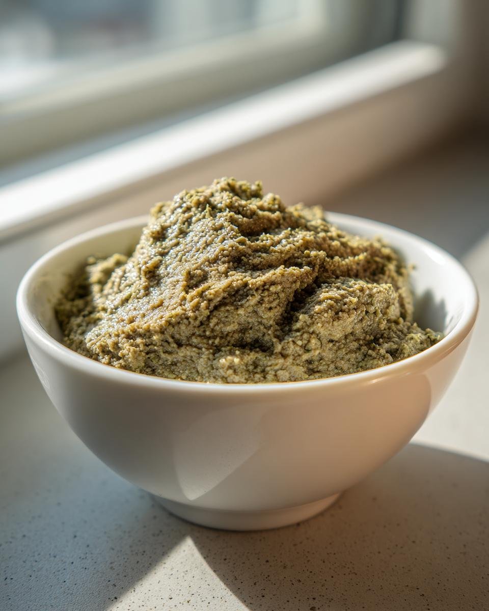 A close-up of a white bowl filled with textured Easy Tasty Portuguese Canned Sardine Pate, illuminated by natural light.