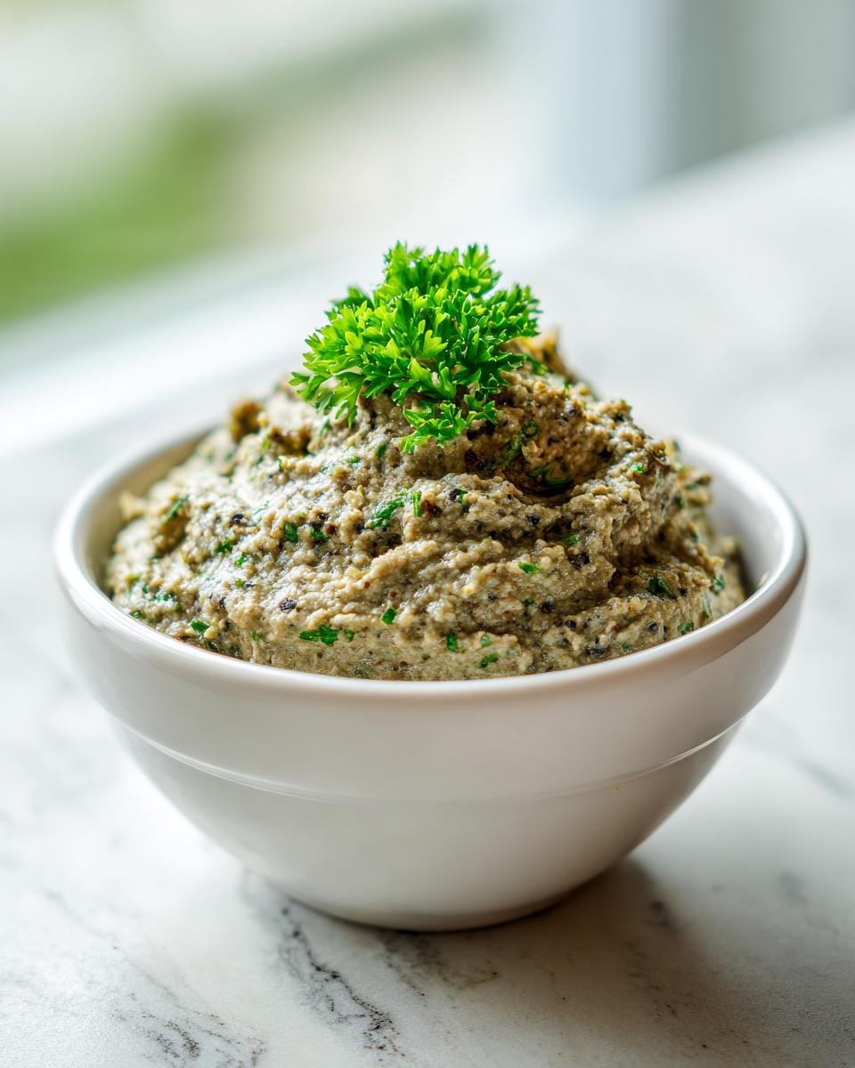 A close-up of Easy Tasty Portuguese Canned Sardine Pate, garnished with fresh parsley, served in a white bowl.