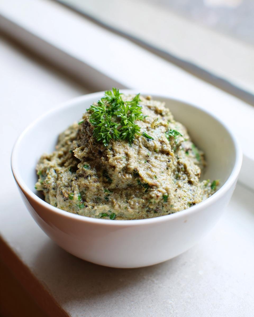 A white bowl filled with Easy Tasty Portuguese Canned Sardine Pate, garnished with fresh parsley.