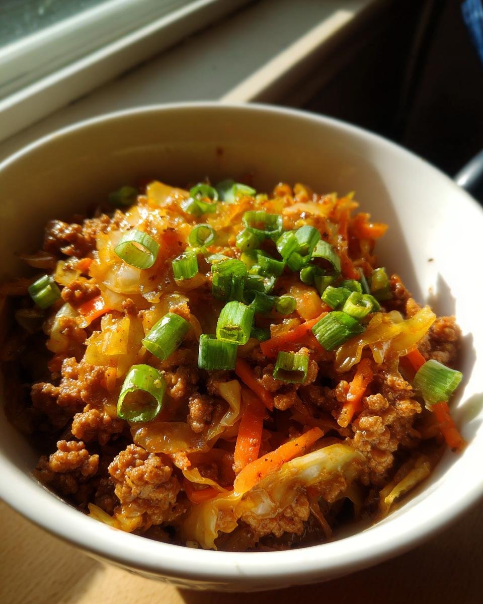 Close-up of a white bowl filled with savory Egg Roll In A Bowl mixture, topped with fresh green onions.