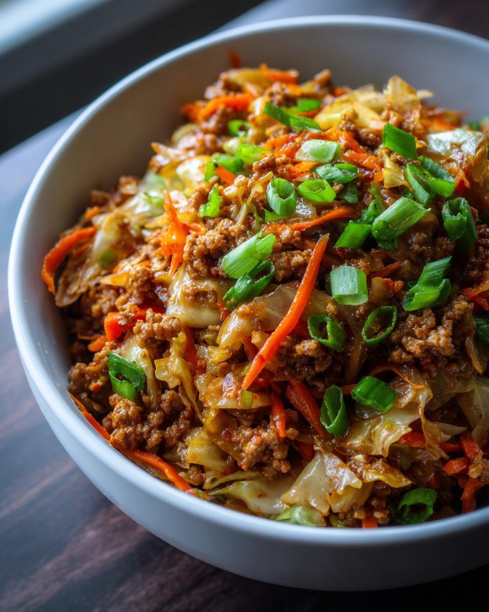 A close-up view of a white bowl filled with savory Egg Roll In A Bowl mixture, topped with fresh green onions.
