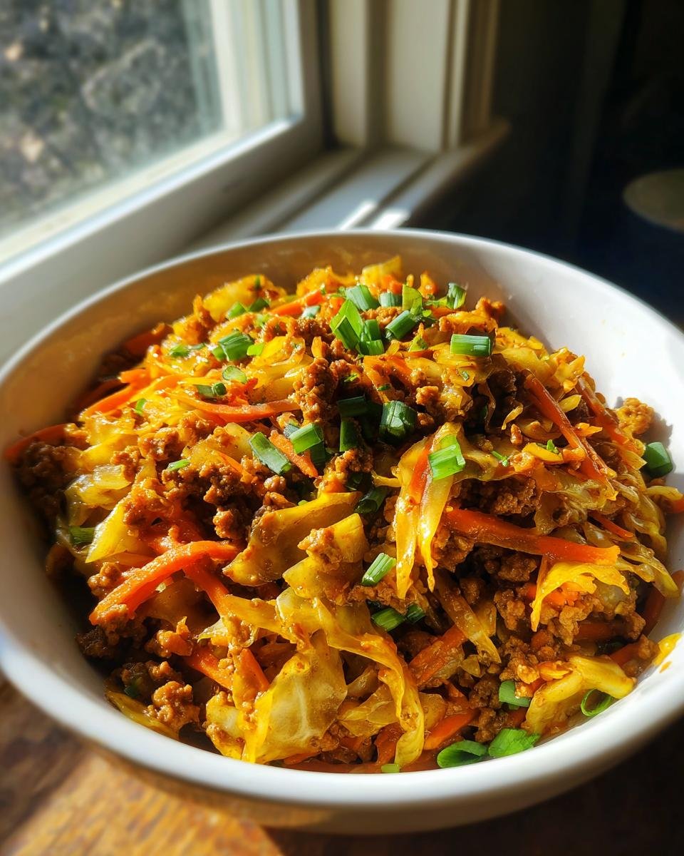 Close-up of a white bowl filled with savory Egg Roll In A Bowl, featuring ground meat, shredded cabbage, carrots, and green onion garnish.