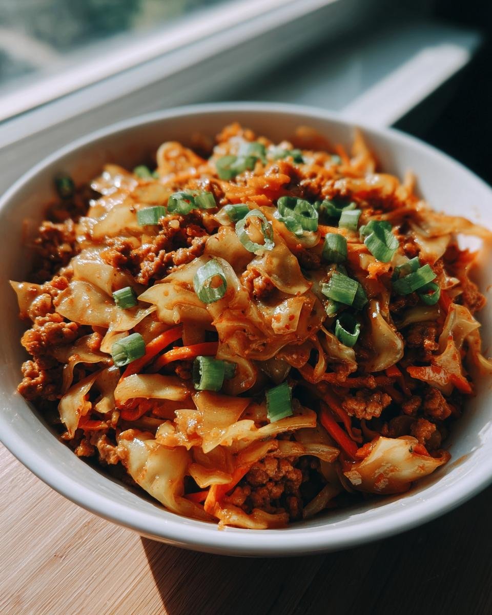 A close-up of a white bowl filled with Egg Roll In A Bowl mixture, featuring ground meat, cabbage, carrots, and topped with fresh green onions.