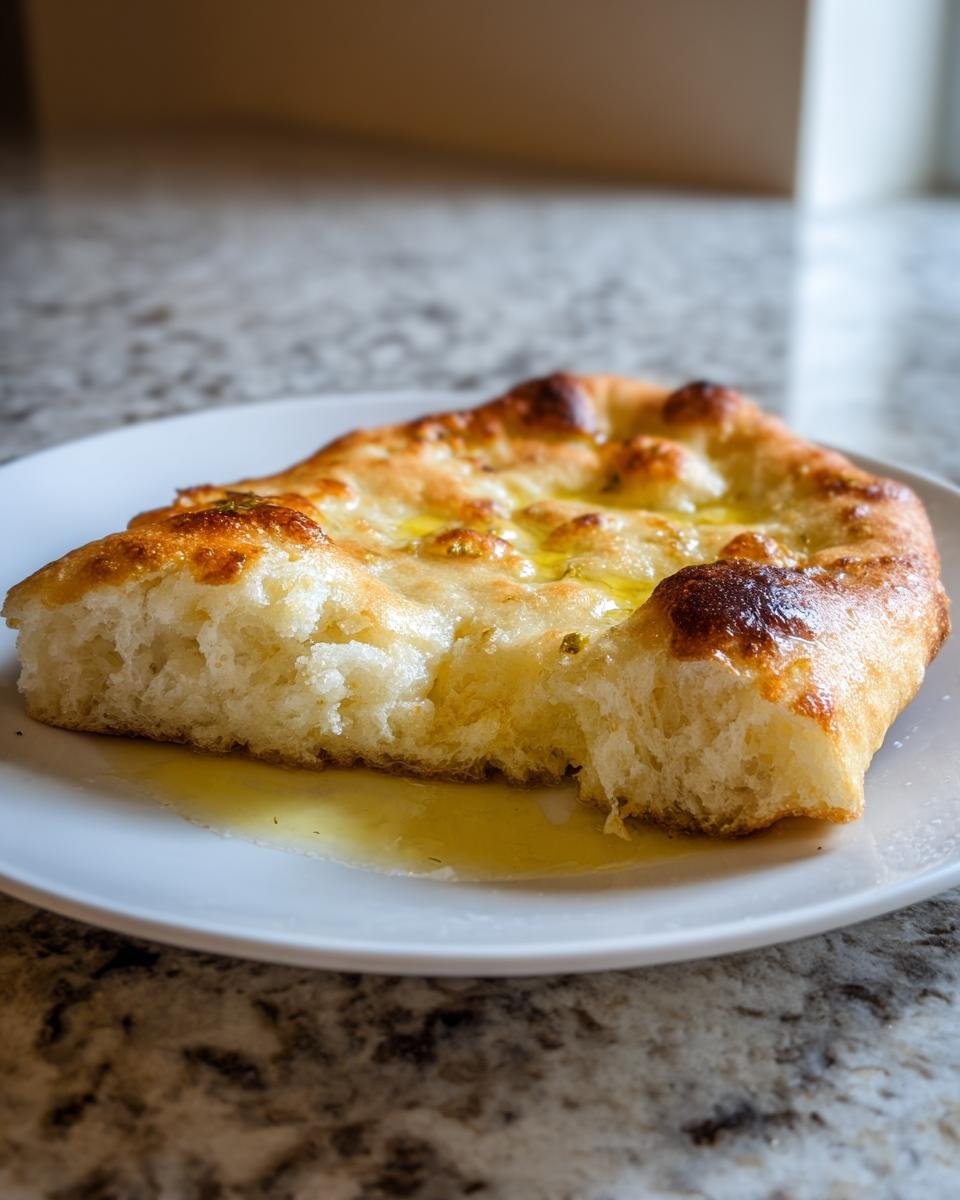 Close-up of a thick, fluffy piece of Gluten Free Naan Bread drizzled with melted butter on a white plate.