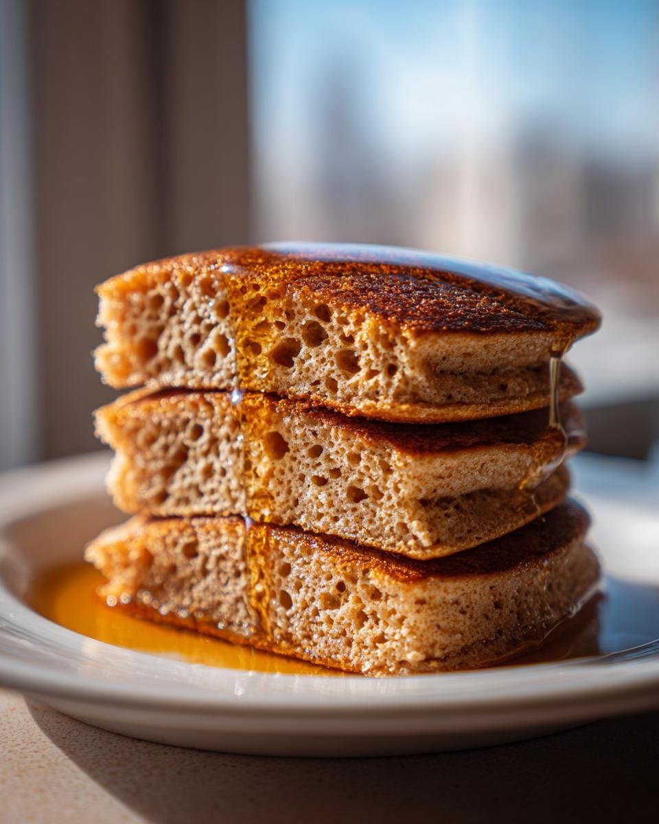 Close-up of a stack of three fluffy Oat Flour Pancakes dripping with syrup.