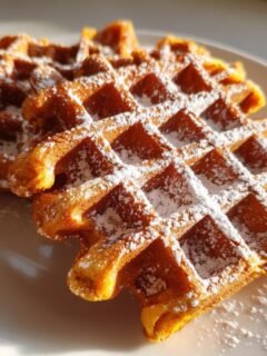 Two golden brown Sweet Potato Waffles dusted generously with powdered sugar, served on a white plate.