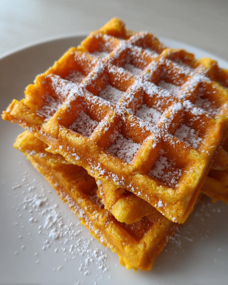 A close-up stack of three bright orange Sweet Potato Waffles dusted generously with powdered sugar on a white plate.