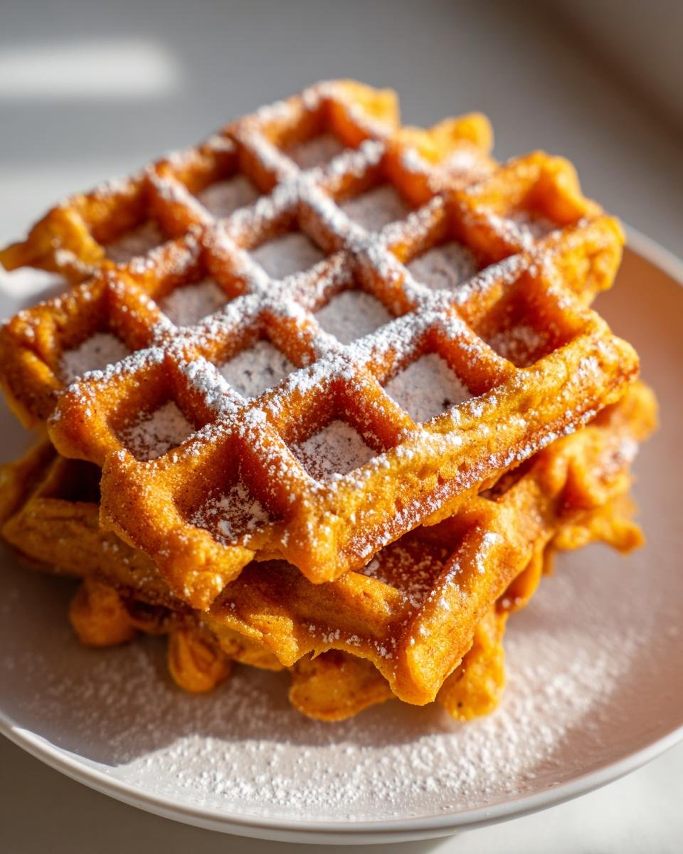 A stack of three golden-orange Sweet Potato Waffles dusted generously with white powdered sugar.