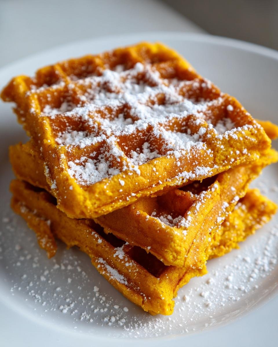 A stack of three bright orange Sweet Potato Waffles dusted generously with white powdered sugar on a white plate.