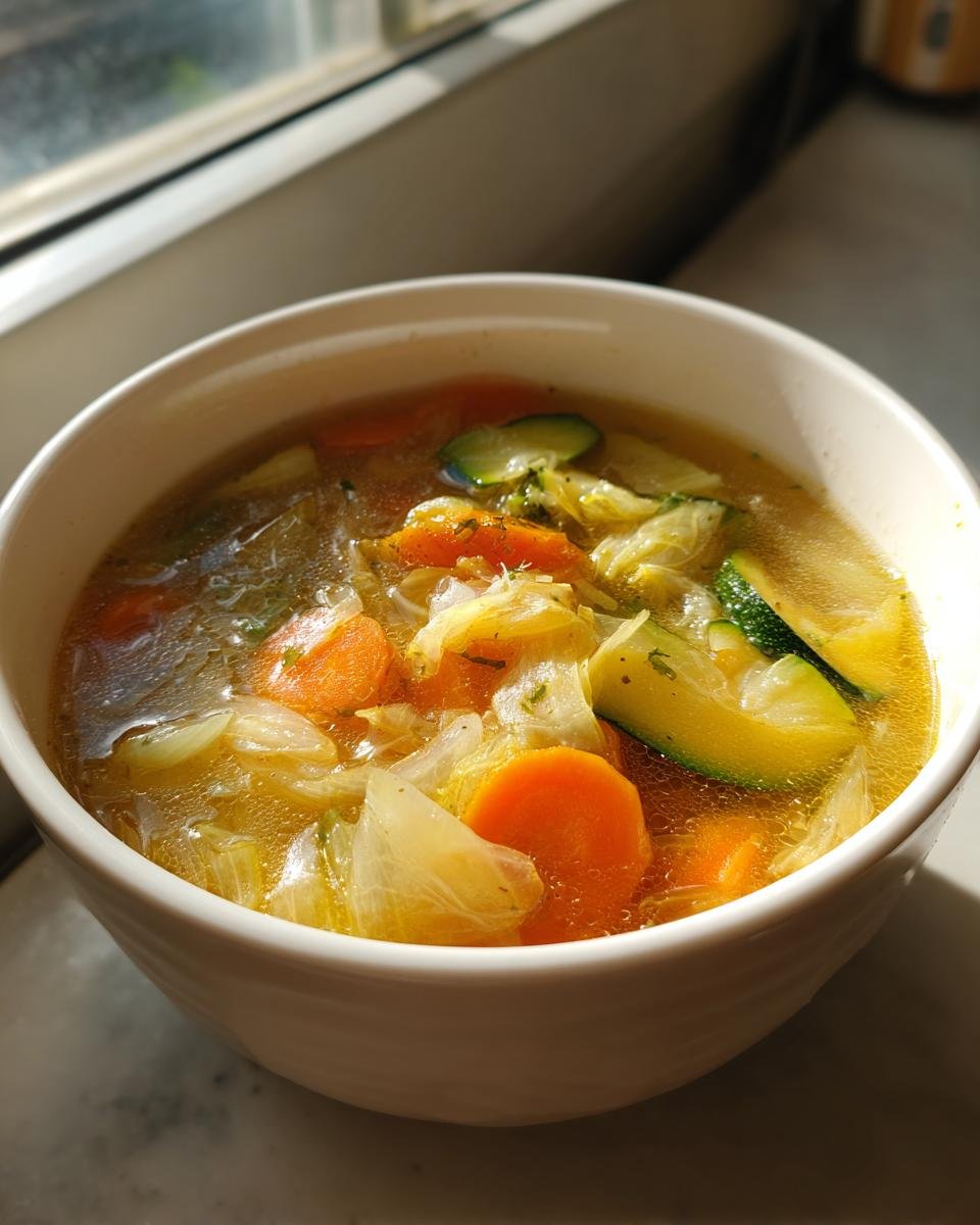 A close-up of a white bowl filled with vibrant French Detox Soup, featuring broth, sliced carrots, zucchini, and cabbage.