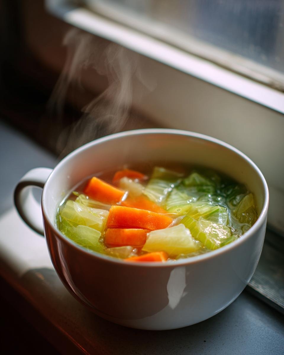 A steaming white mug filled with clear broth French Detox Soup featuring chunks of bright orange carrots and green cabbage.