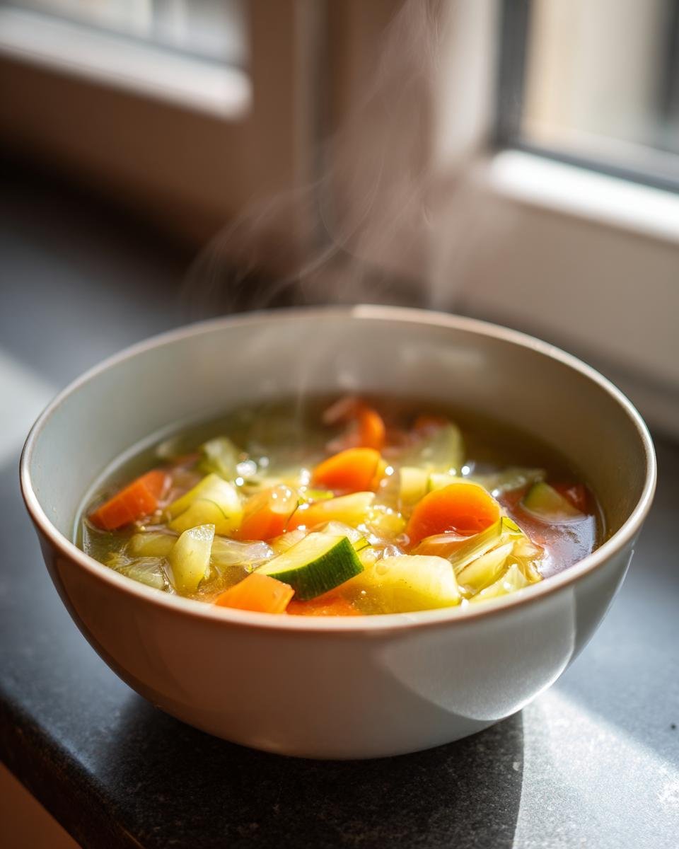 Close-up of a steaming bowl of French Detox Soup filled with bright orange carrots and green zucchini chunks.