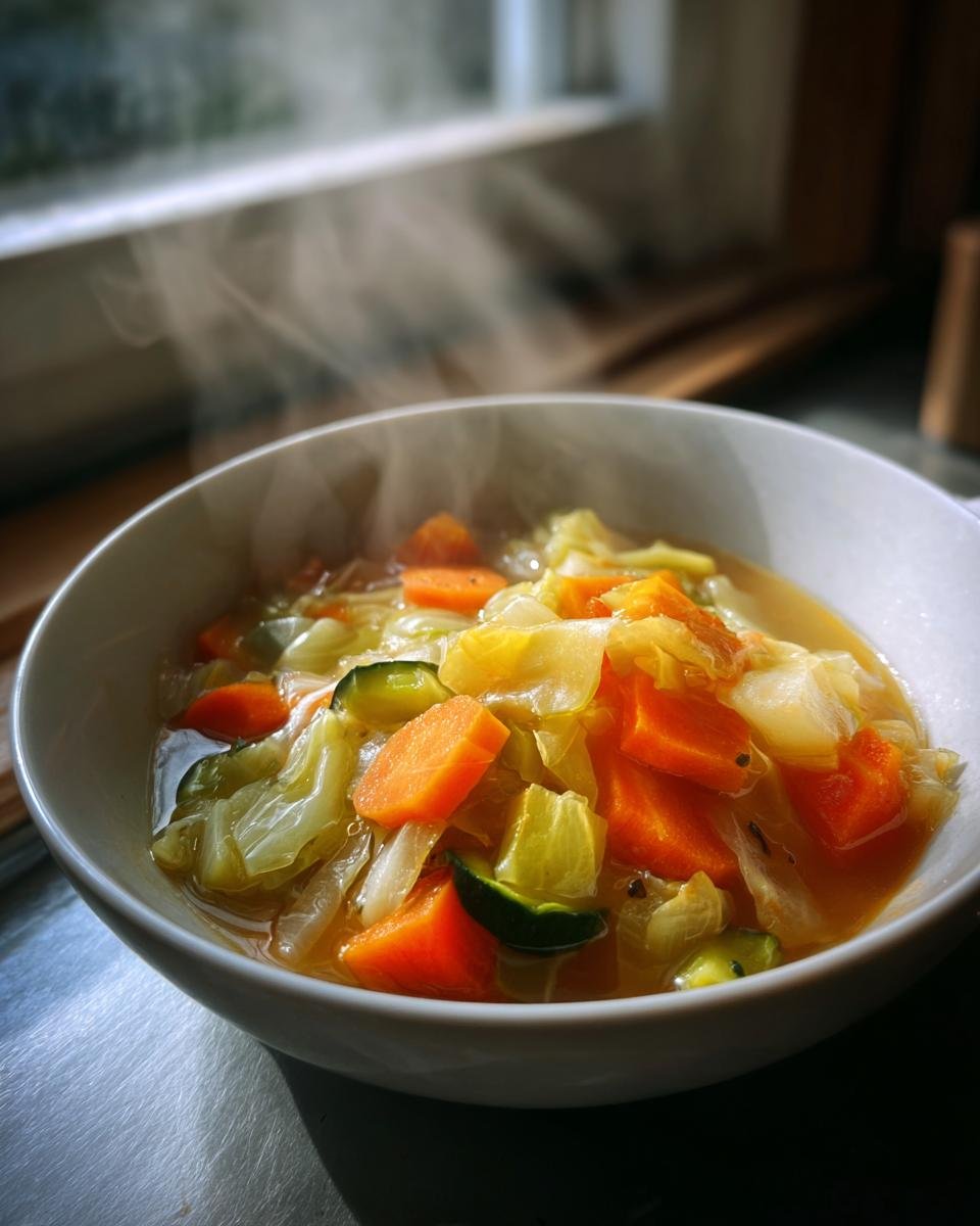 A steaming white bowl filled with vibrant French Detox Soup featuring large chunks of carrots, cabbage, and zucchini.