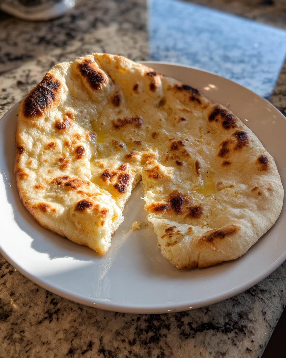 A piece of freshly baked Gluten Free Naan Bread, slightly torn, glistening with butter on a white plate.