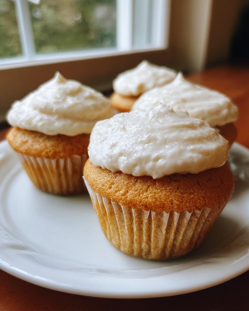 Three frosted Dairy Free Cupcakes with creamy white icing sitting on a white plate near a window.