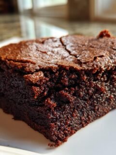 Close-up of a rich, fudgy paleo brownie with a distinct crackly top, served on a white plate.