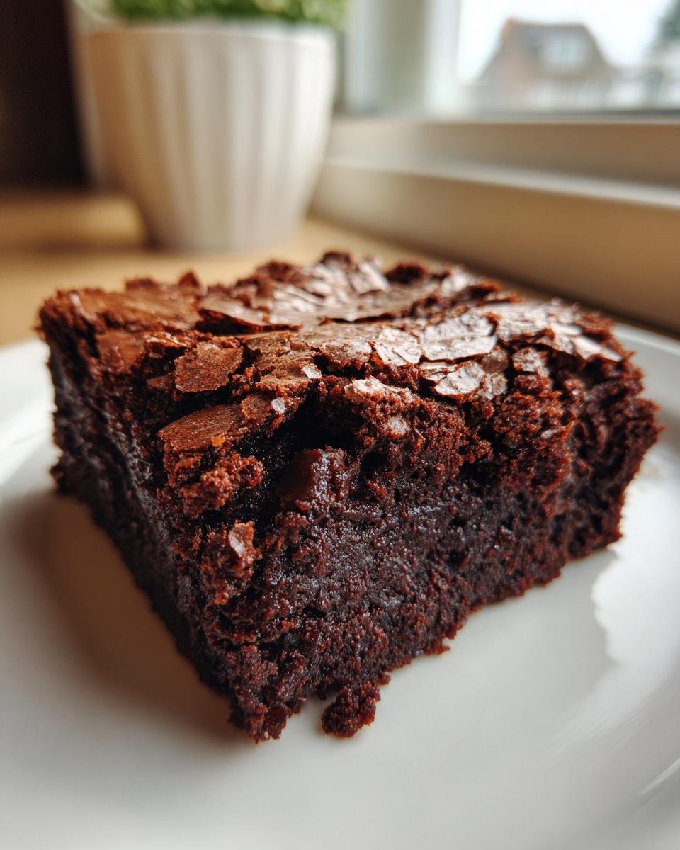 Close-up of a rich, fudgy paleo brownie with a distinct crackly top, served on a white plate.