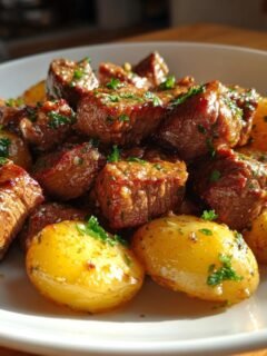 Close-up of juicy Garlic Butter Steak Bites And Potatoes glistening with sauce and topped with parsley in a white bowl.