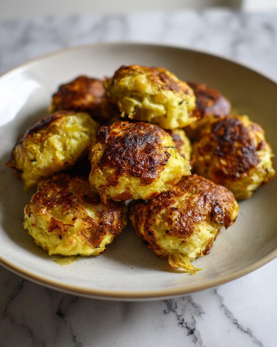 A stack of freshly pan-fried German Cabbage Dumplings with crispy, browned edges served on a light-colored plate.