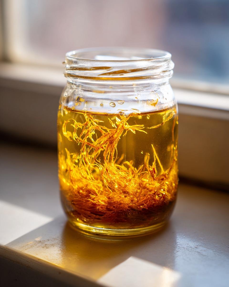 Close-up of shredded ginger infusing in oil for Japanese Ginger Salad Dressing in a glass jar.
