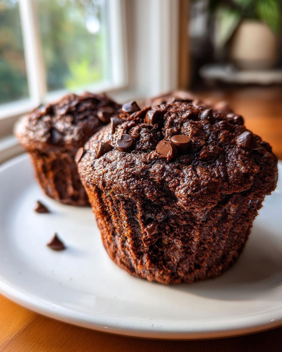 Close-up of two rich, dark Gluten Free Chocolate Zucchini Muffins Paleo topped with chocolate chips on a white plate.