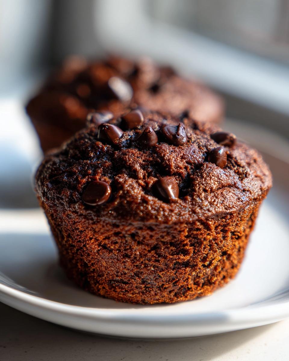 Close-up of a rich, dark Gluten Free Chocolate Zucchini Muffins Paleo topped with melted chocolate chips.