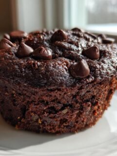 A close-up of a rich, dark Gluten Free Chocolate Zucchini Muffins Paleo topped with chocolate chips.